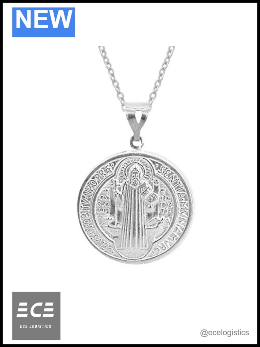 Sterling Silver Saint Benedict Medallion Medal 15mm Charm Necklace 20"